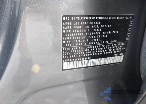 2022 Volkswagen Tiguan 2.0T S z USA, uszkodzony, nr VIN 3VV1B7AX6NM052452